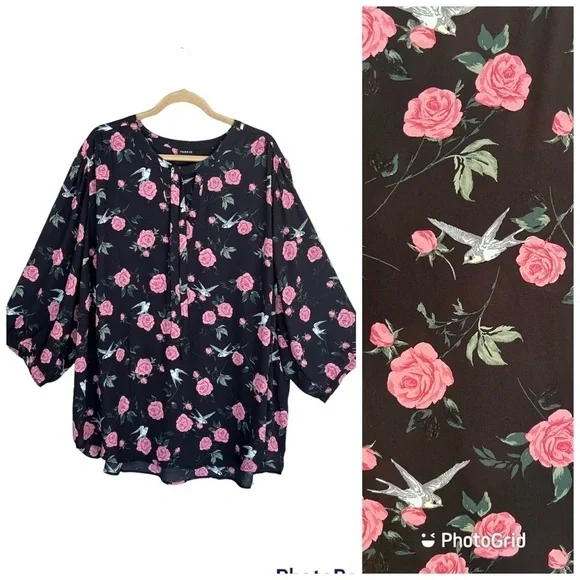 Torrid Floral Bird Print Georgette Tie Neck Blouse Size 5X - Picture 5 of 14